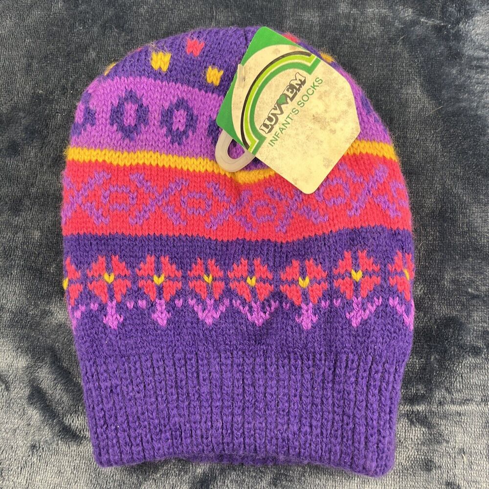 Vintage 80’s Hanes Her Way Beanie Knit 3-6x New Deadstock Fair Isle Roses X’s